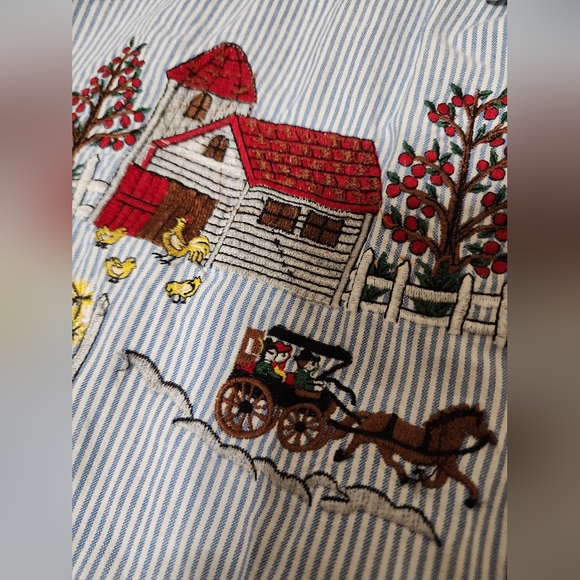 VINTAGE 80's Solutions Embroidered Barn Farm Striped DENIM SHIRT Women's L - Picture 3 of 6